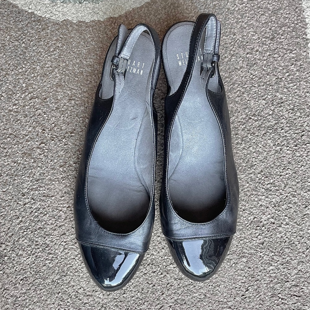 Stuart Weitzman Black Leather Slingback Wedge Pumps - Picture 2 of 10